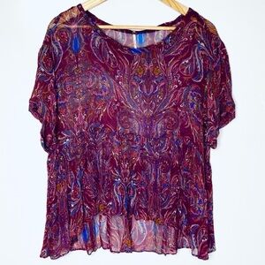 Free People Burgundy Purple Paisley Print Sheer Top | Medium